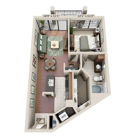 A floor plan of a small apartment with a living room, kitchen, and bathroom.